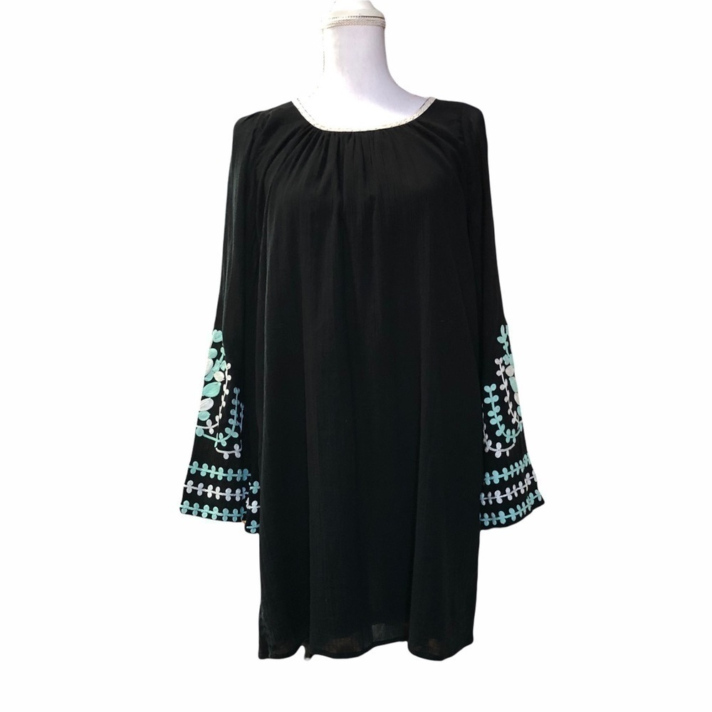 UMGEE - WOMENS BLACK PULLOVER TUNIC/DRESS BELL SLEEVES, EMBROIDERY SZ MED
